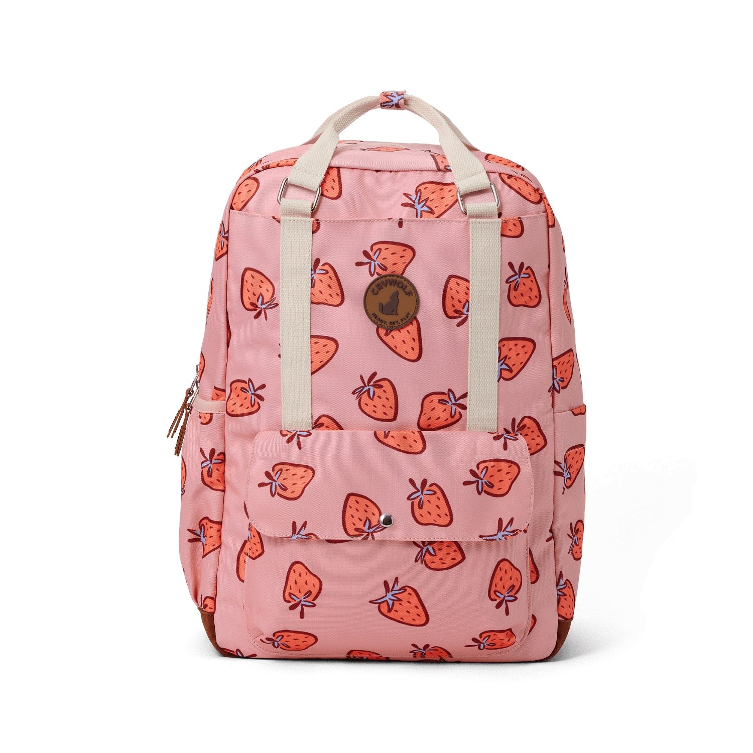 Pink backpack with strawberry pattern on a white background