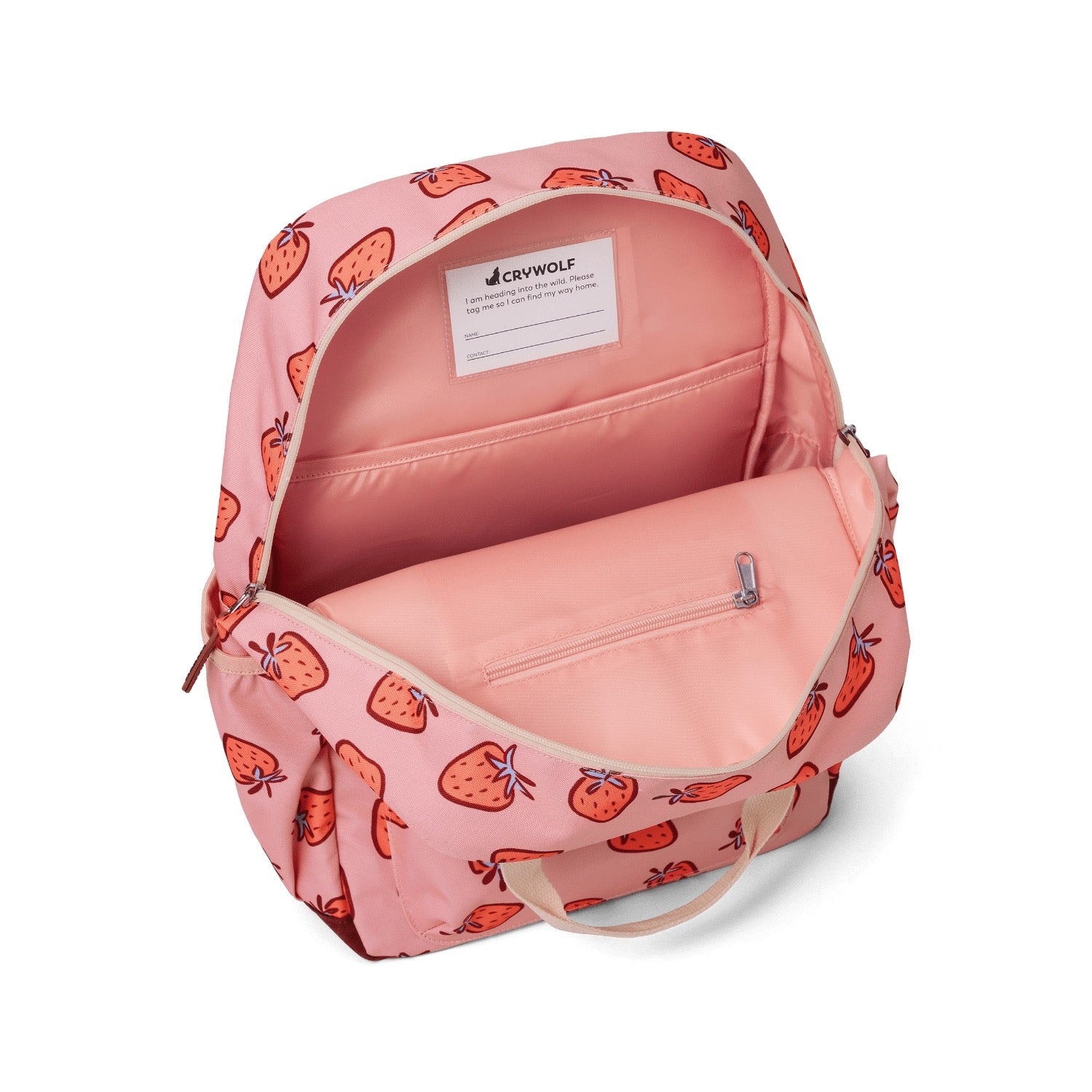 Pink backpack with strawberry pattern on a white background