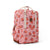 Pink backpack with strawberry pattern on a white background