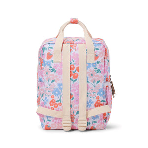 Floral-patterned backpack with beige straps on a white background