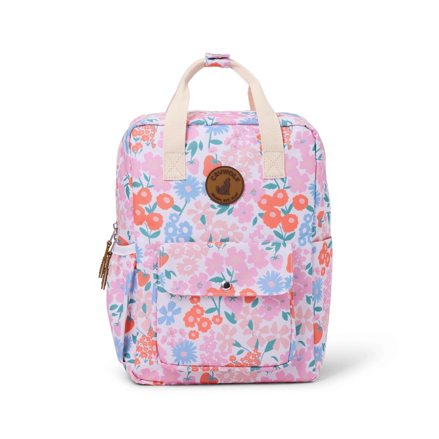 Floral patterned backpack on a white background