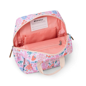 Floral-patterned backpack with pink interior on a white background