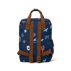 Navy blue backpack with brown straps and a nature-themed pattern on a white background