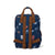 Navy blue backpack with brown straps and a nature-themed pattern on a white background