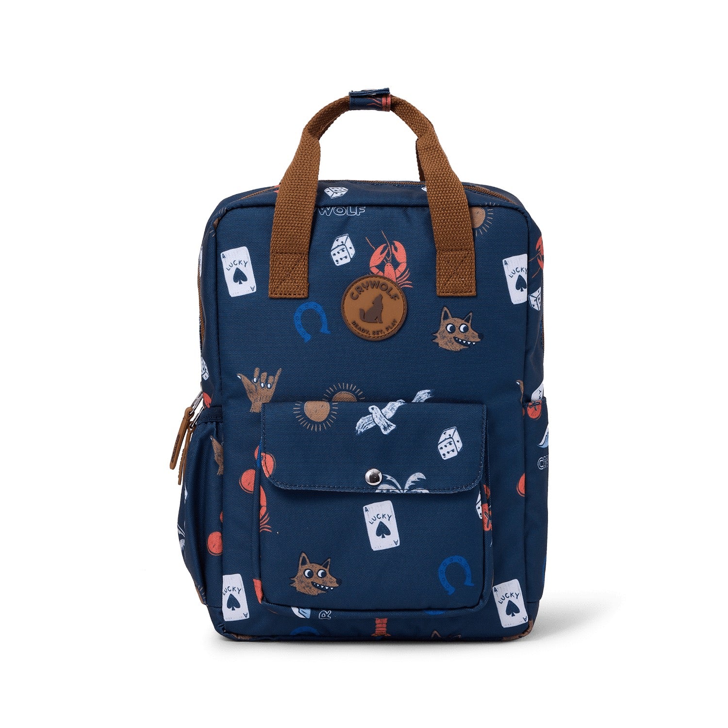 Navy blue backpack with cartoon character patterns on a white background