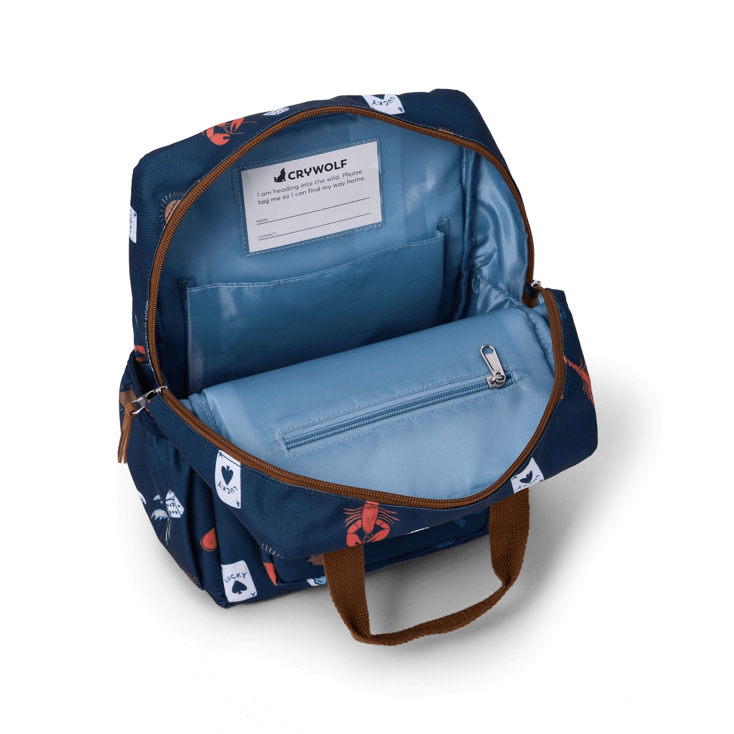 Navy blue backpack with cartoon character patterns on a white background