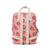 Pink backpack with strawberry pattern on a white background