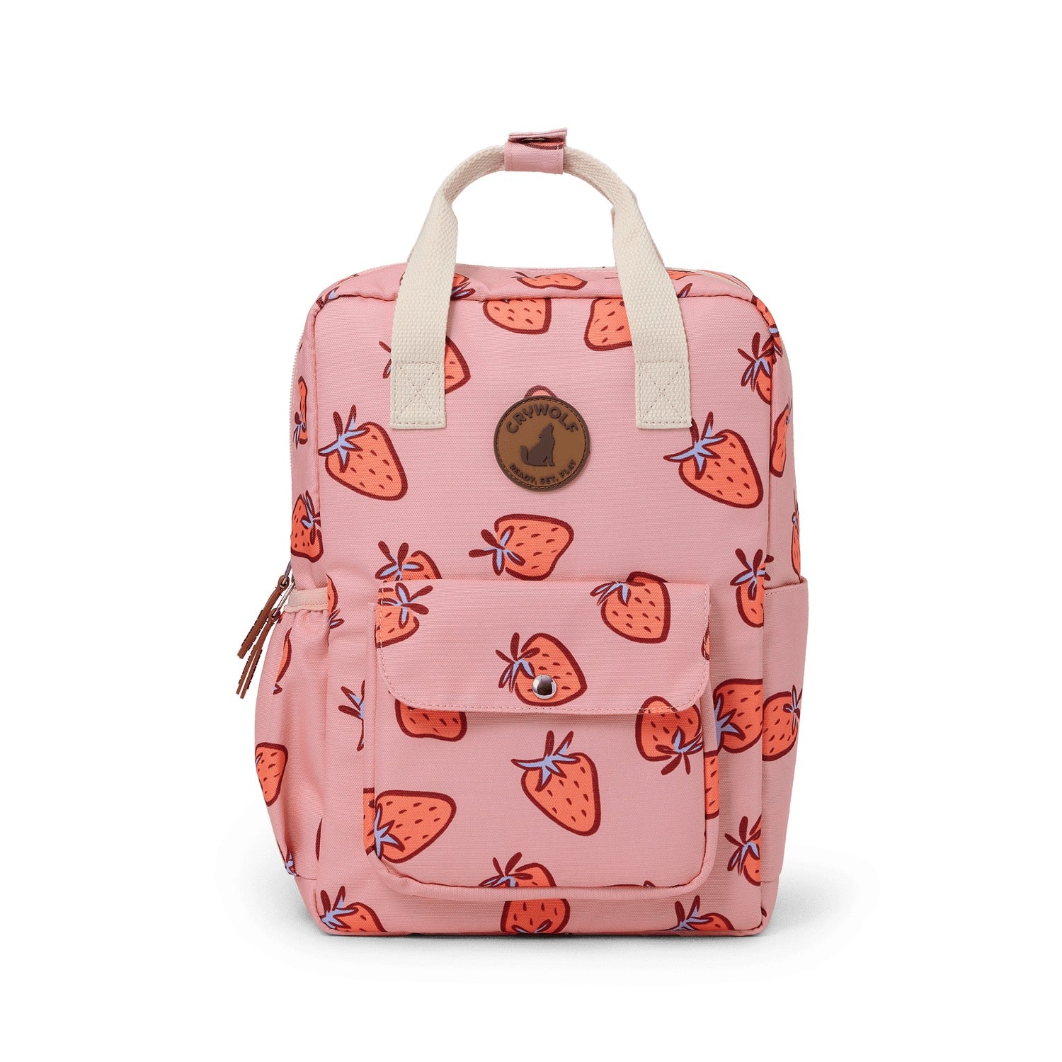 Pink backpack with strawberry pattern on a white background