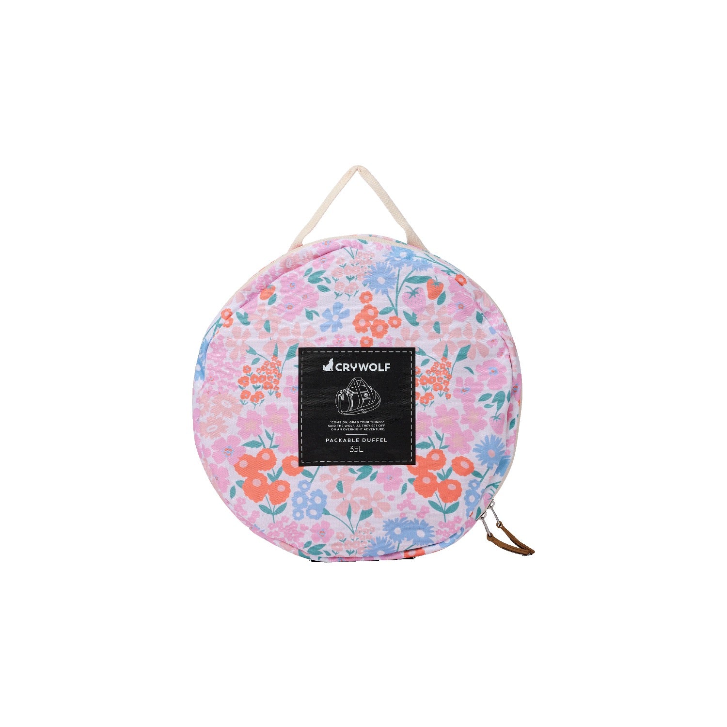 Floral patterned duffel bag with beige straps on a white background