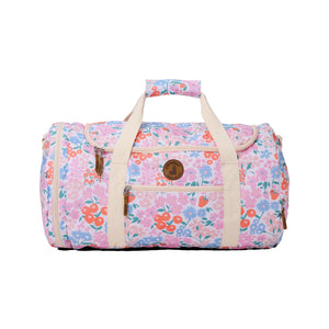 Floral patterned duffel bag with beige straps on a white background