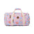 Floral patterned duffel bag with beige straps on a white background