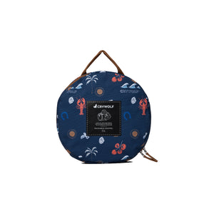 Round navy blue duffel bag with pattern and 'Crywolf' branding on a white background