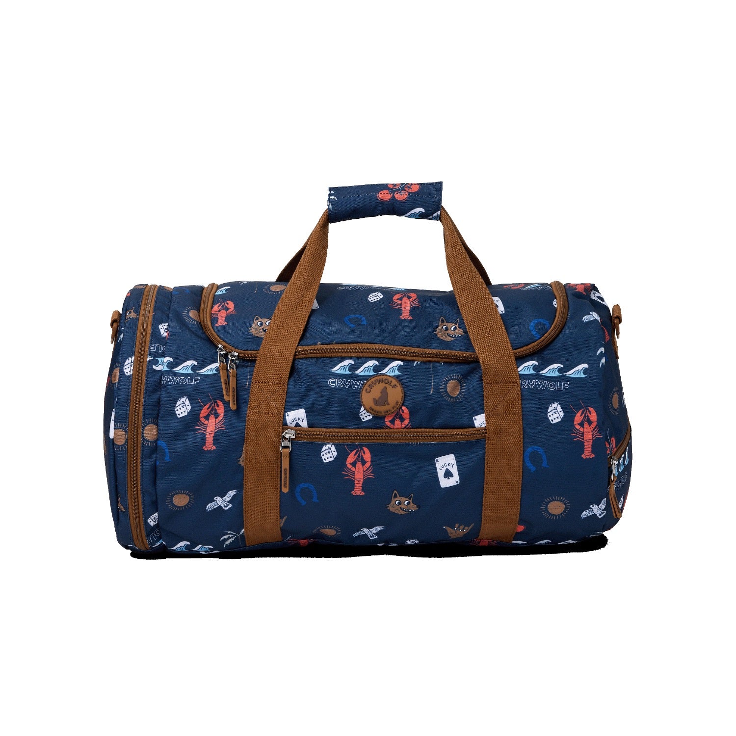 Blue duffel bag with brown handles and trim on a white background