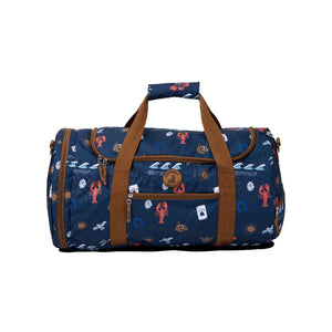 Blue duffel bag with brown handles and trim on a white background