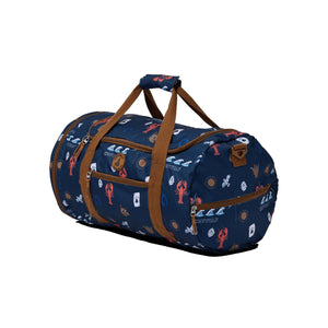 Navy duffel bag with brown handles and pattern on a white background
