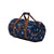 Navy duffel bag with brown handles and pattern on a white background