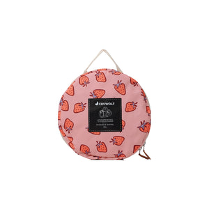 Round pink pouch with strawberry pattern and Crywolf branding on a white background