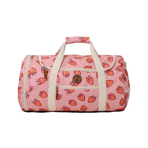 Pink duffel bag with strawberry pattern on a white background