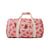 Pink duffel bag with strawberry pattern on a white background