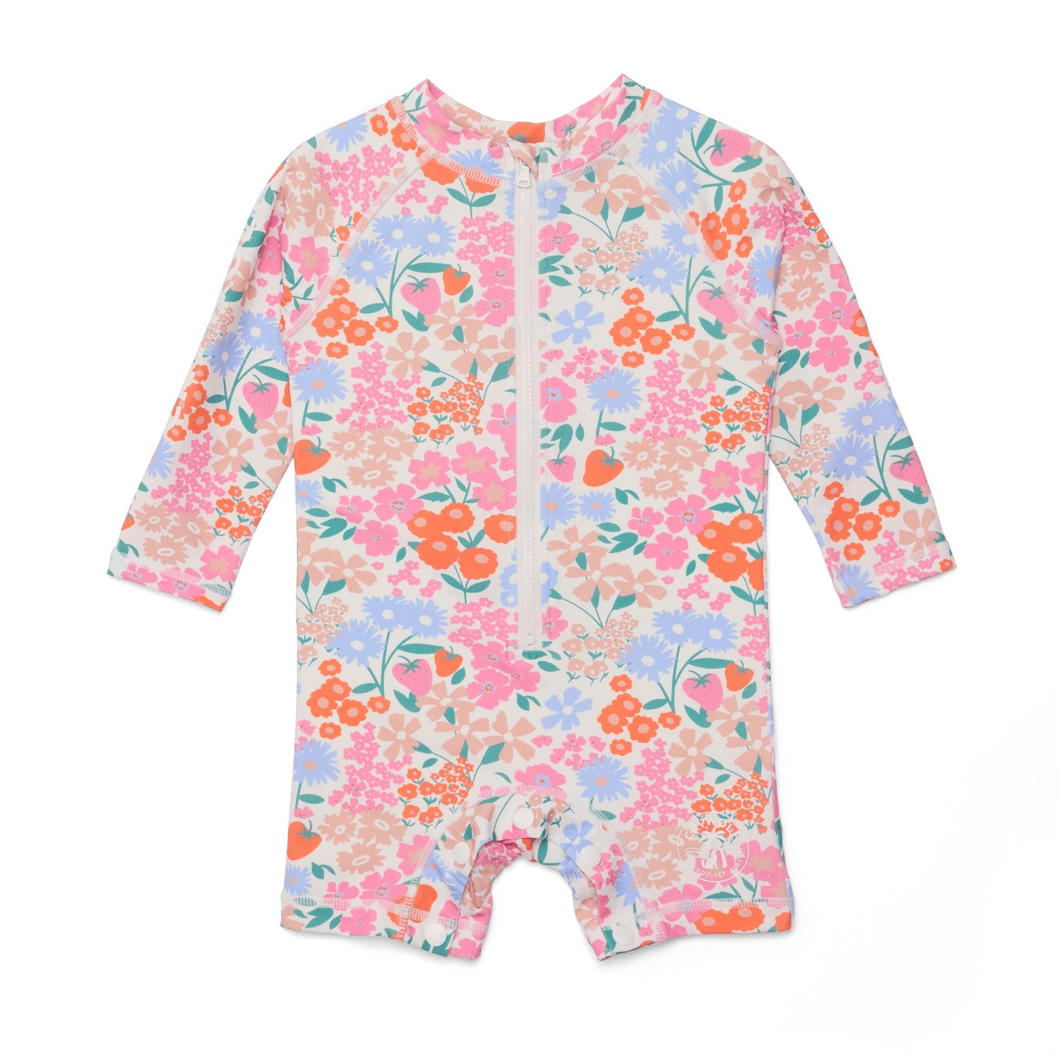 Floral patterned baby swim suit on a white background