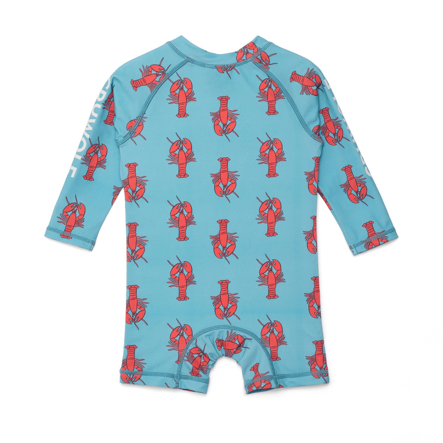Blue baby swim suit with red lobster pattern on a white background