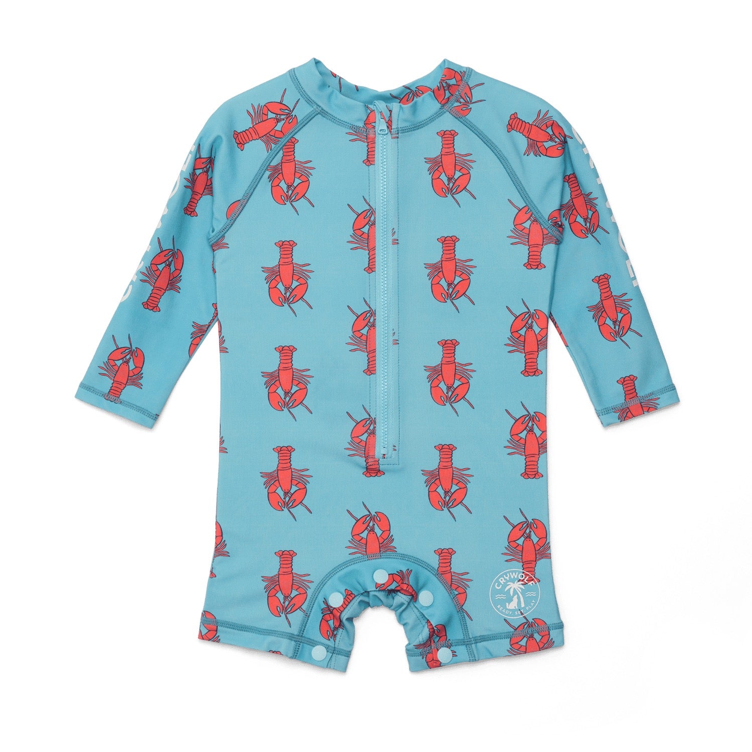 Blue baby swim suit with red lobster pattern on a white background