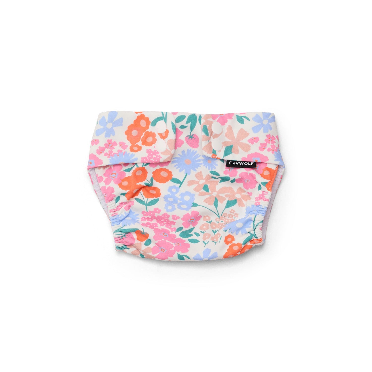 Floral-patterned swim nappy diaper on a white background