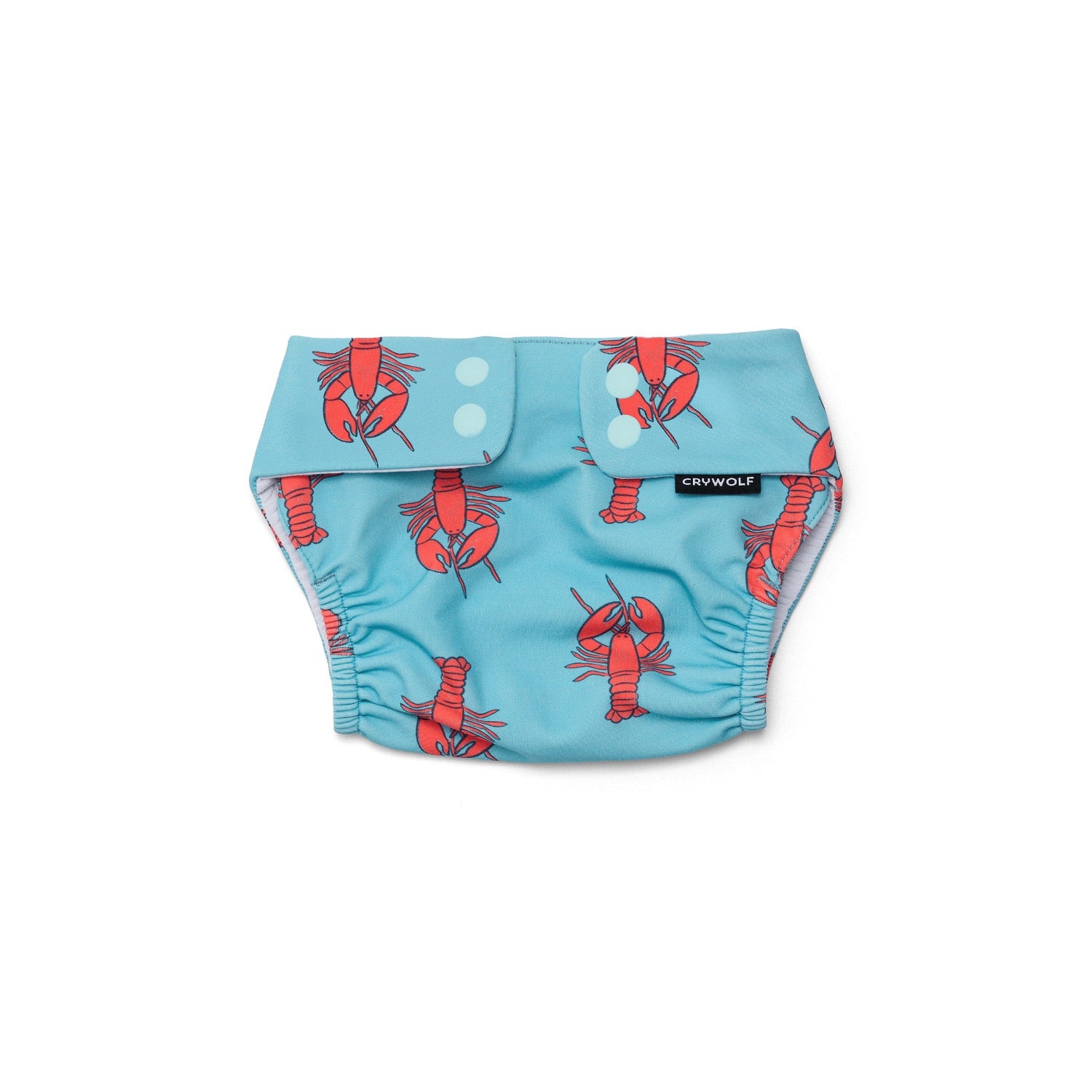 Blue swim diaper with red lobster pattern on a white background