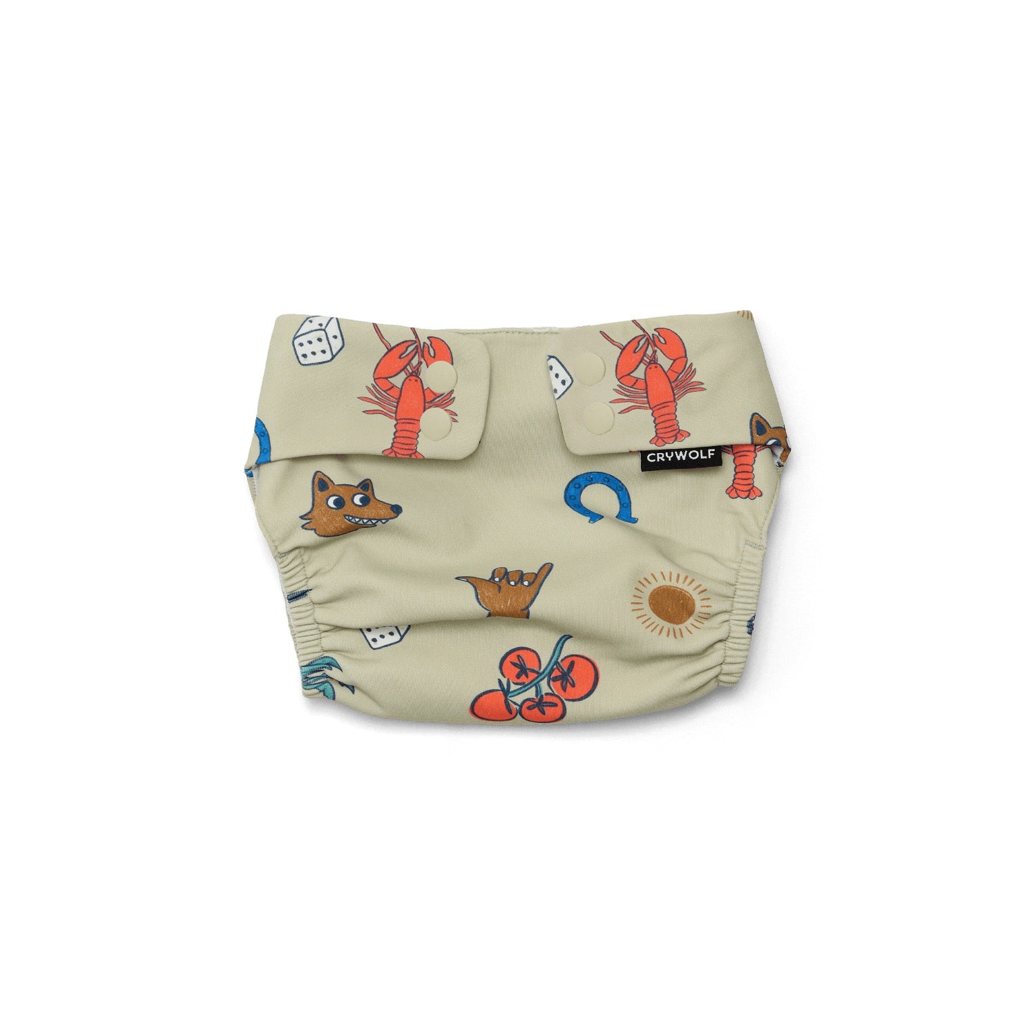 Sage swim nappy diaper with cartoon designs on a white background