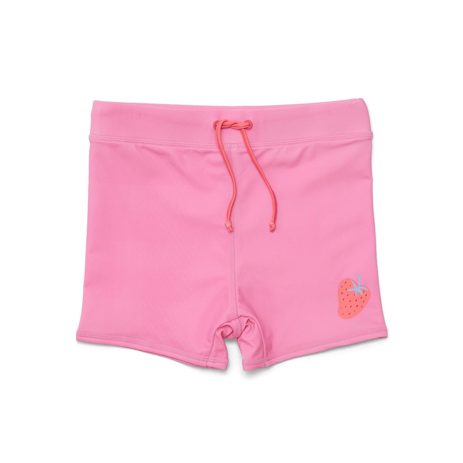 Pink shorts with a strawberry design on a white background
