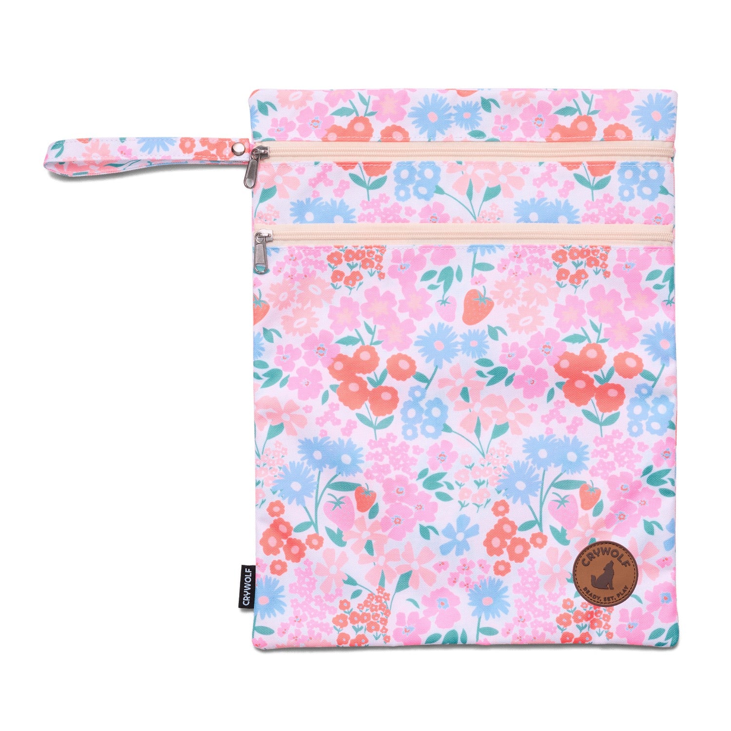 Floral patterned pouch with a visible brand logo on a white background