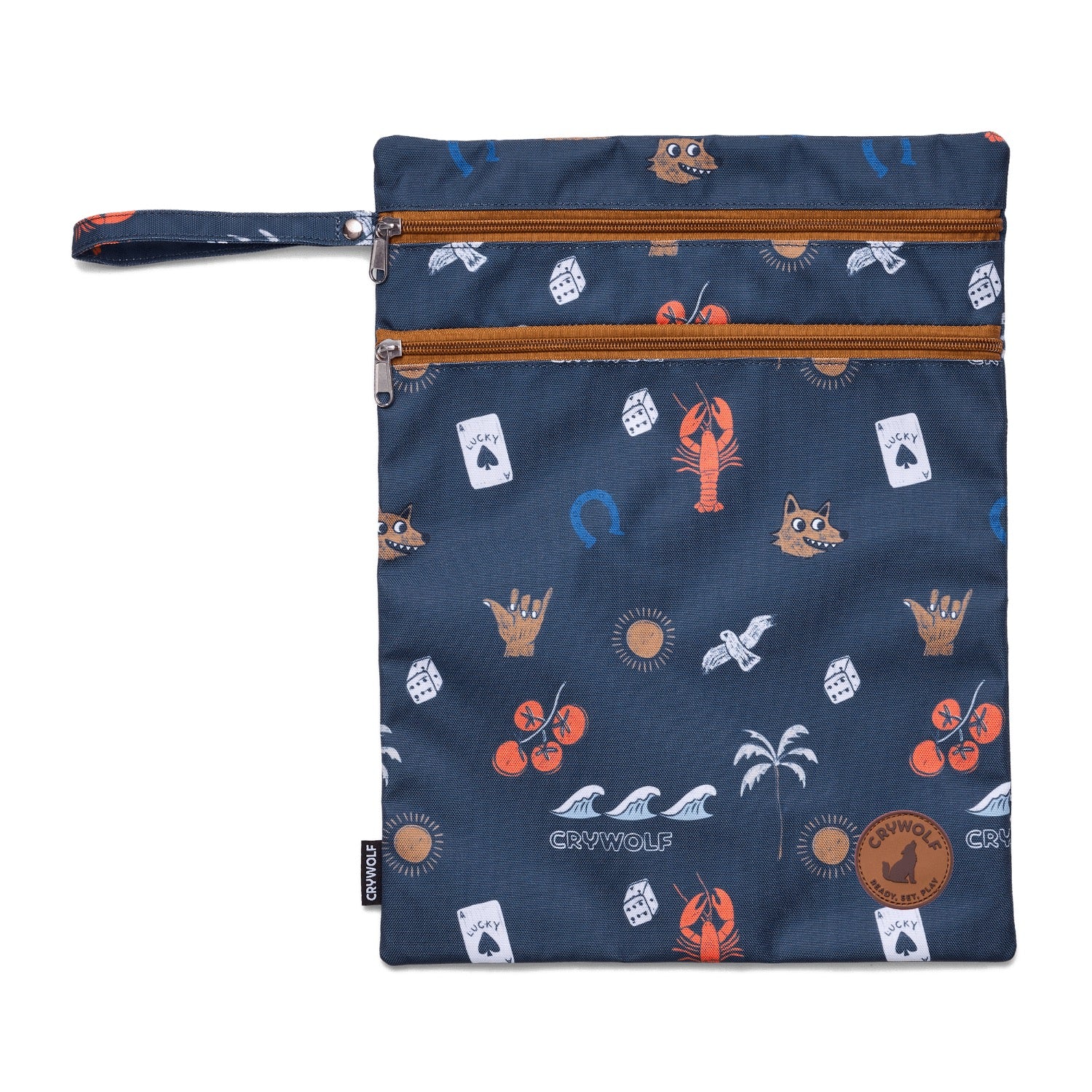 Navy blue pouch with colorful patterns on a white background