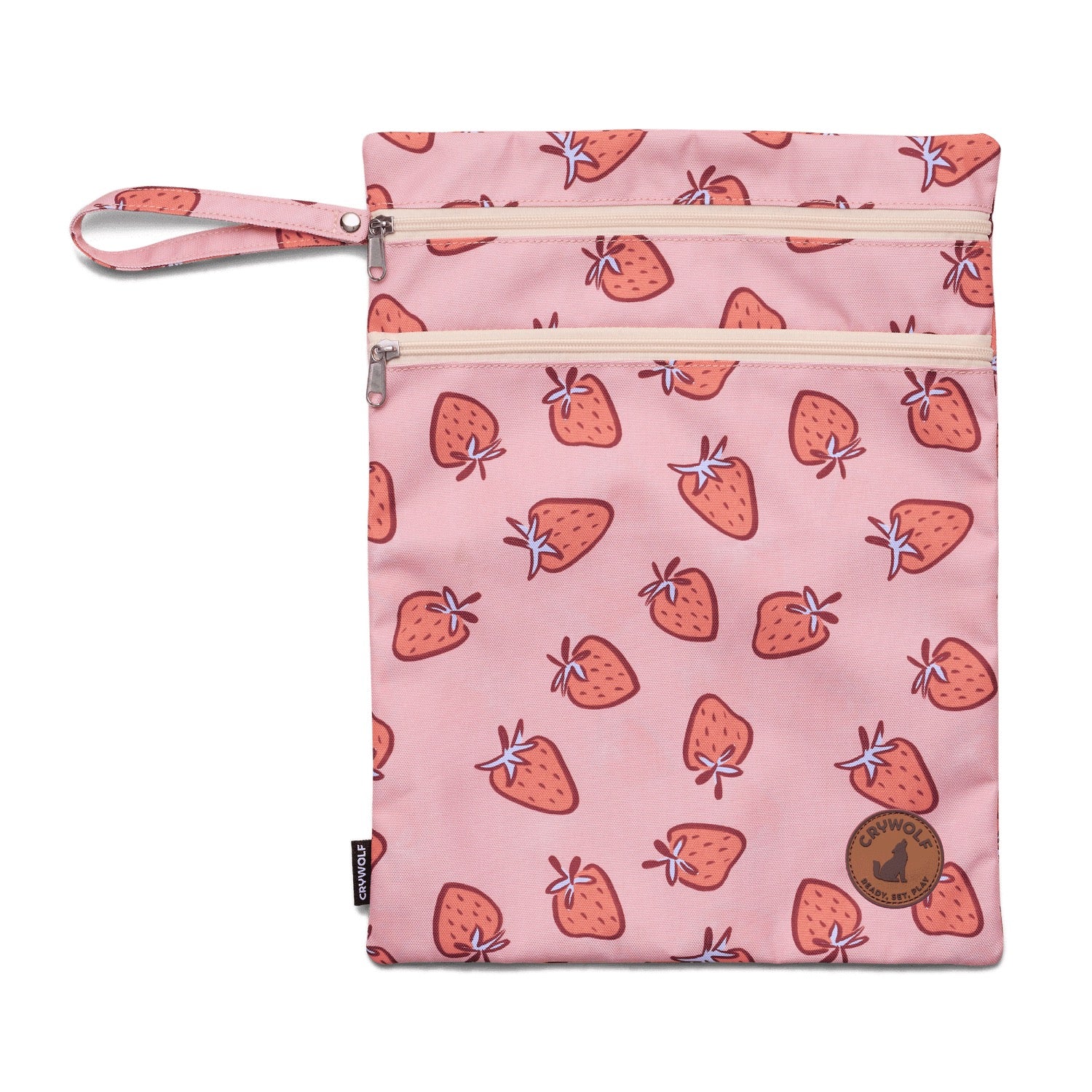 Pink pouch with strawberry pattern on a white background