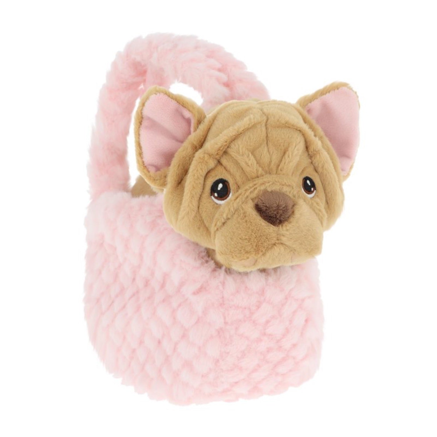 soft toy dog in pink handbag