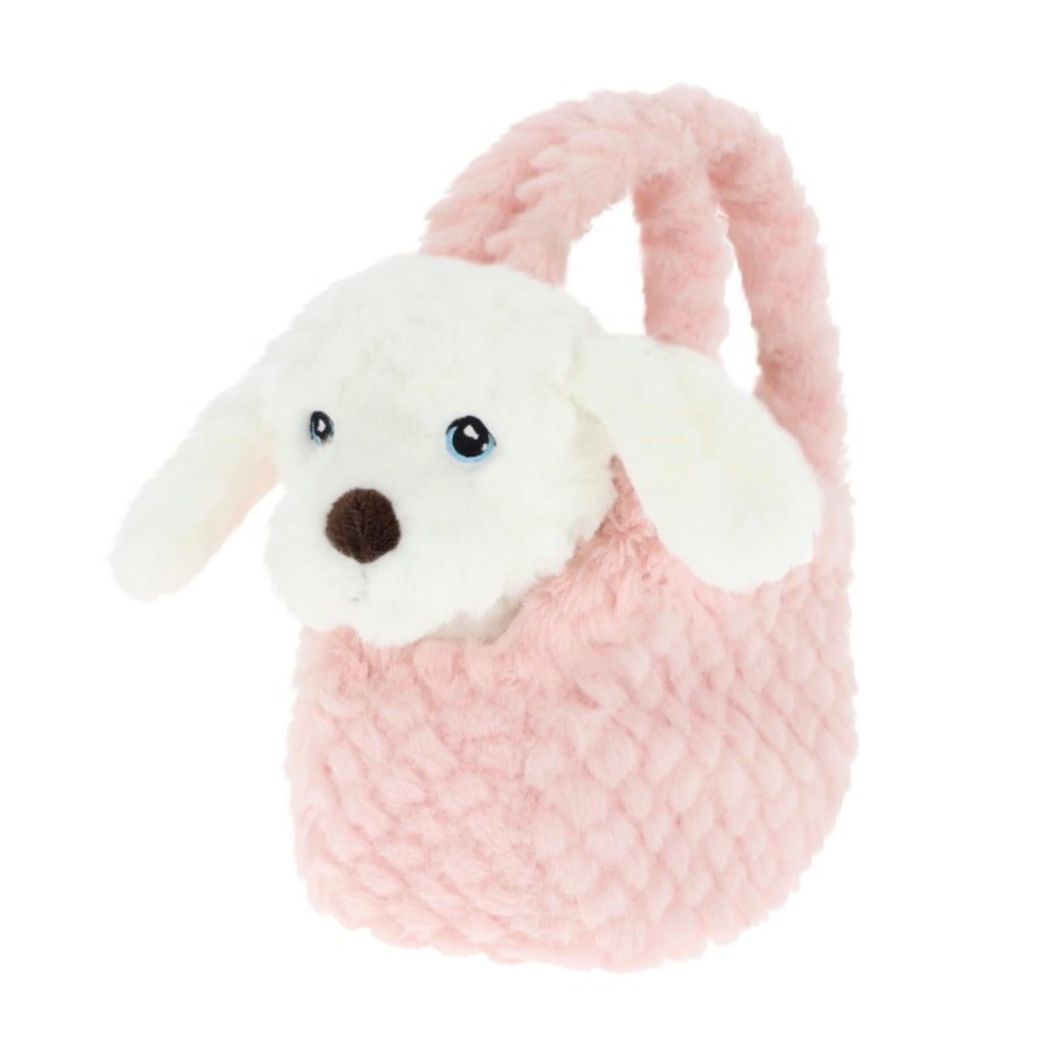 Plush toy with a dog face inside a pink bag on a white background