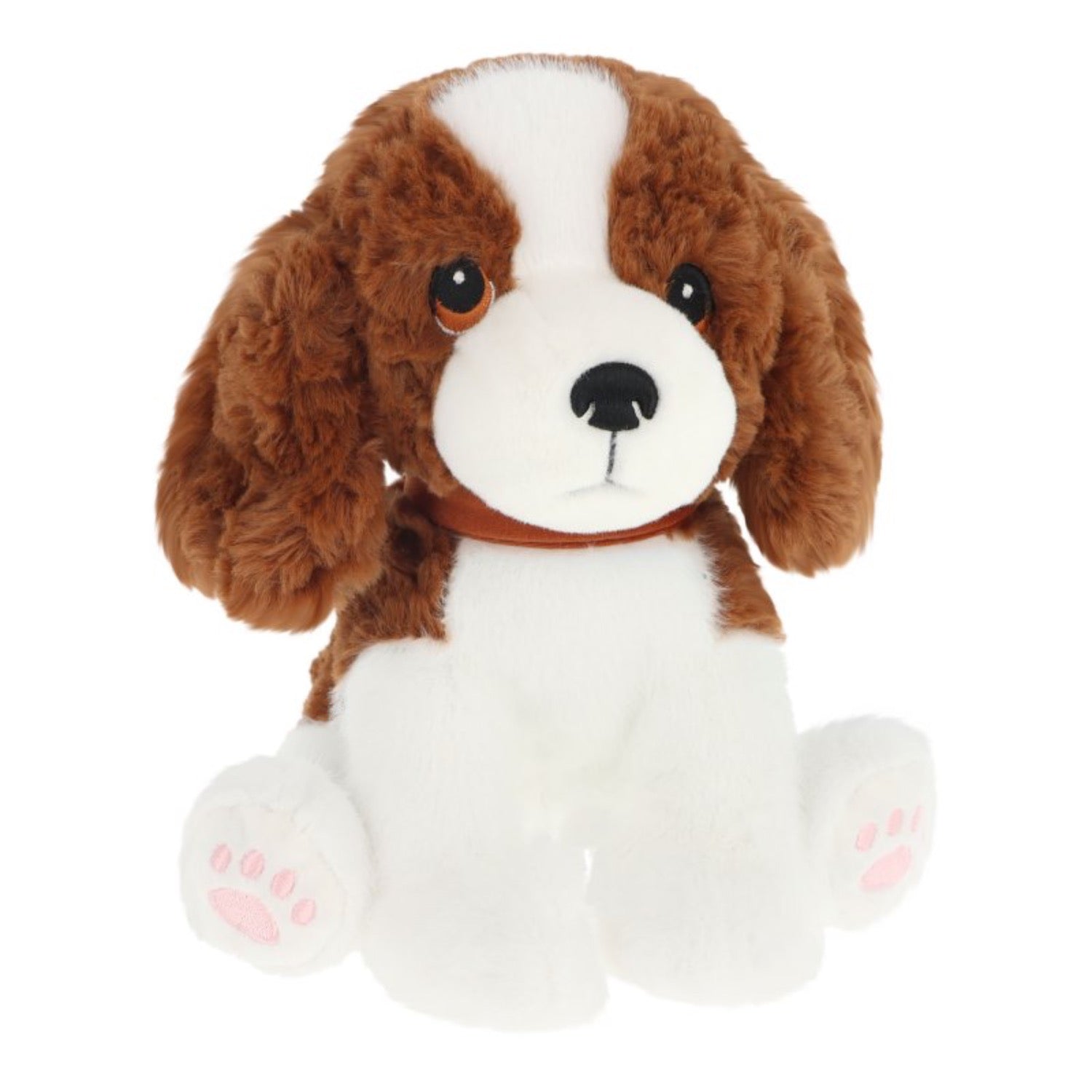 Plush dog toy with brown and white fur on a white background
