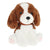 Plush dog toy with brown and white fur on a white background