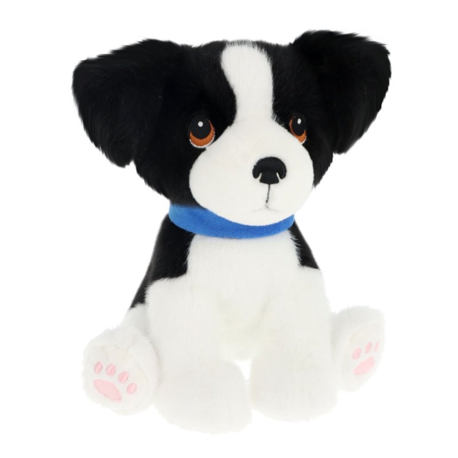 Black and white stuffed dog toy with a blue collar on a white background