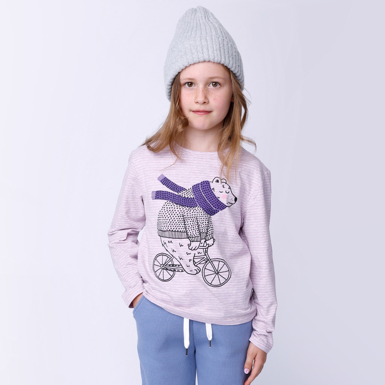 Minti Biking Bear Tee Lilac Marle Stripe