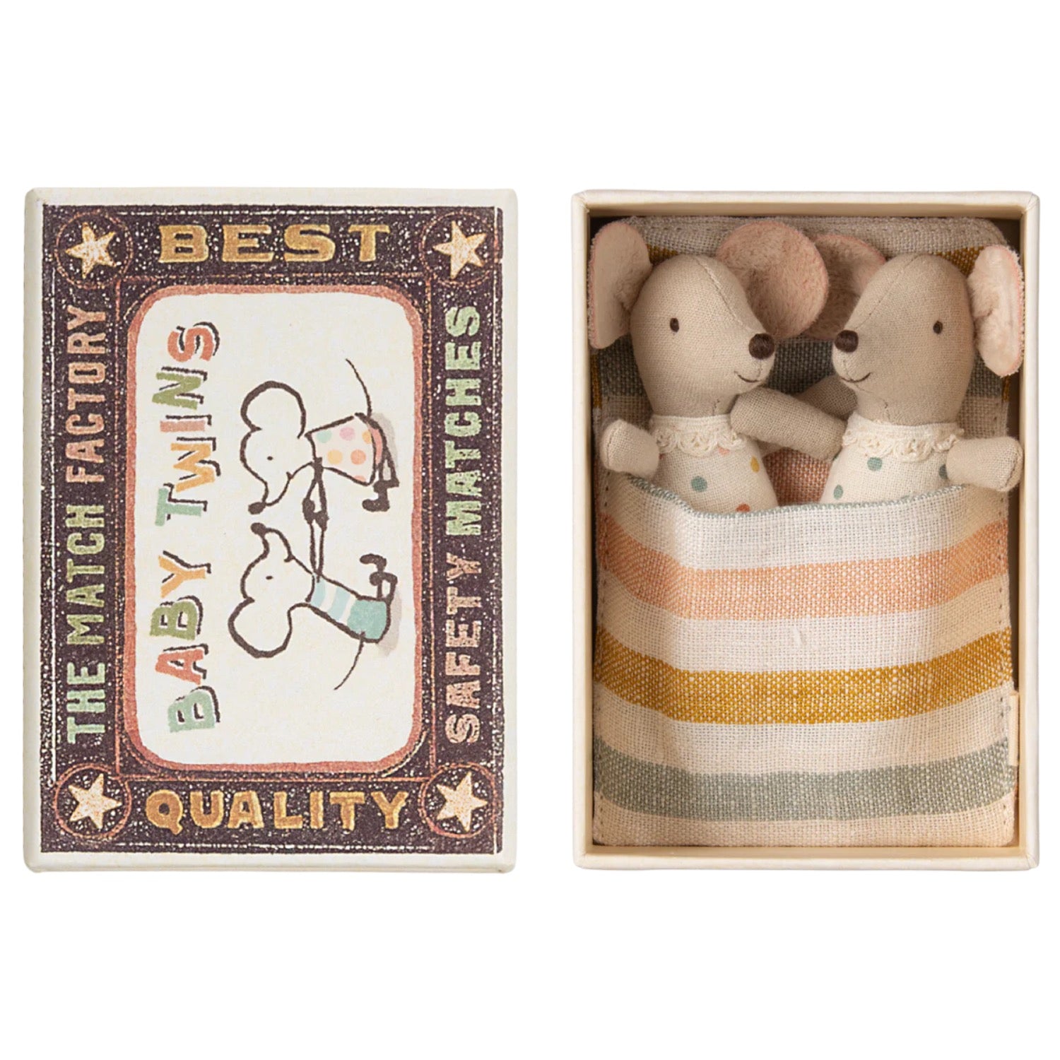 Two plush toy mice in a matchbox with a vintage-style matchbox labeled 'Best Match Twins'.
