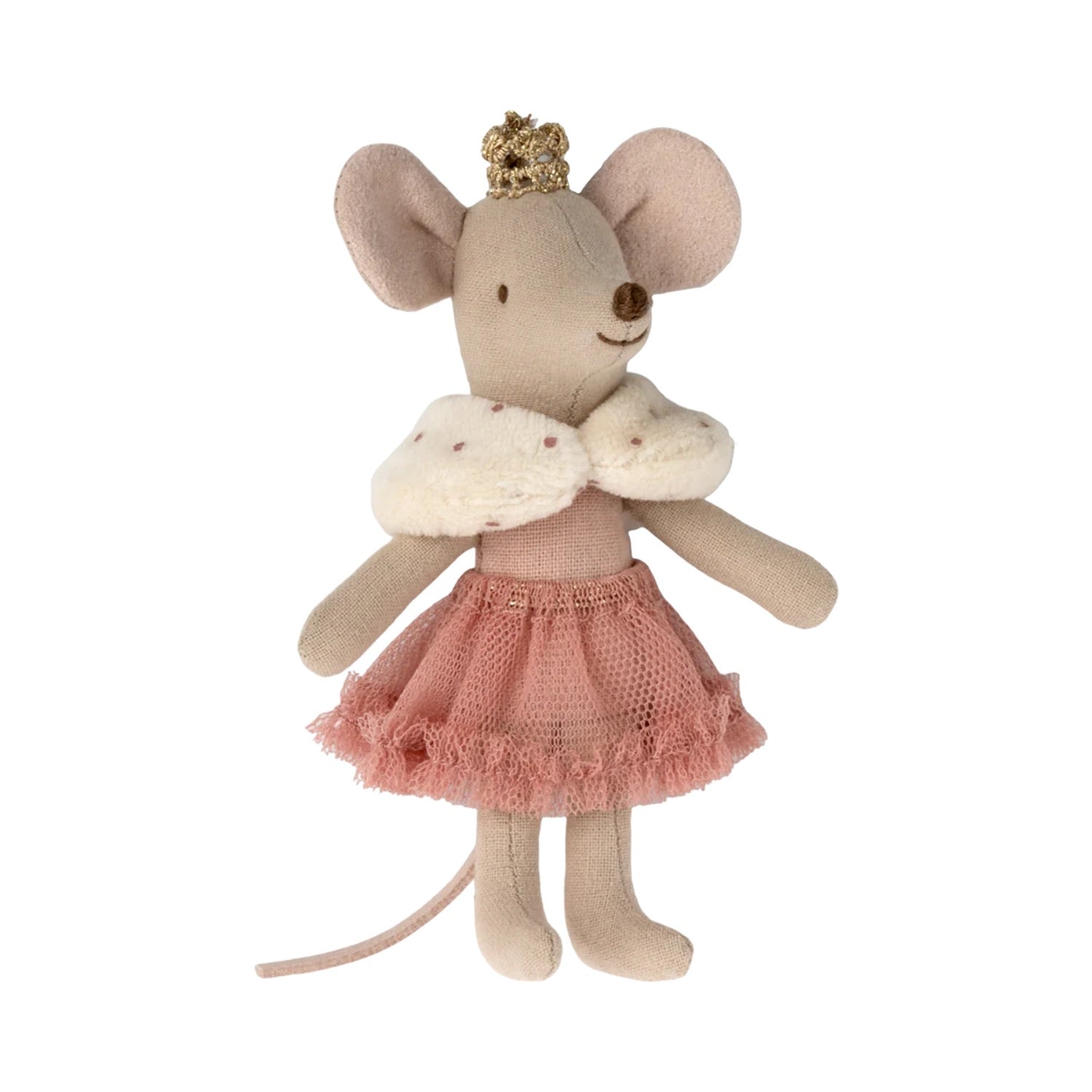 Stuffed mouse toy with a pink dress and crown standing next to a matchbox-style box.
