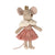 Stuffed mouse toy wearing a pink dress and gold crown on a white background