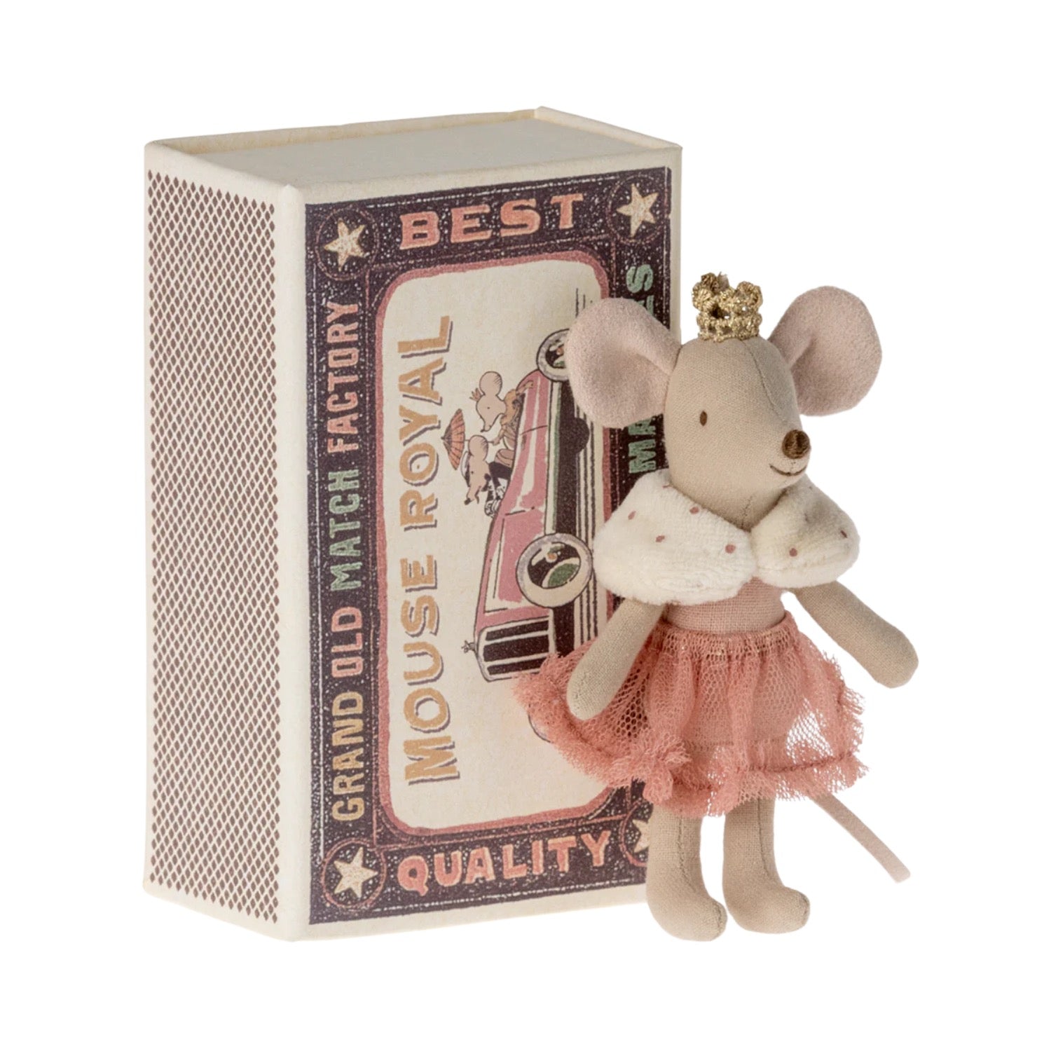 Stuffed mouse toy with a pink dress and crown standing next to a matchbox-style box.