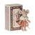 Stuffed mouse toy with a pink dress and crown standing next to a matchbox-style box.