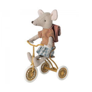 Stuffed mouse toy with a tricycle on a white background