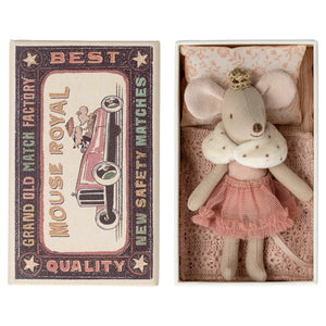 Stuffed mouse toy in a matchbox with a vintage matchbox design.