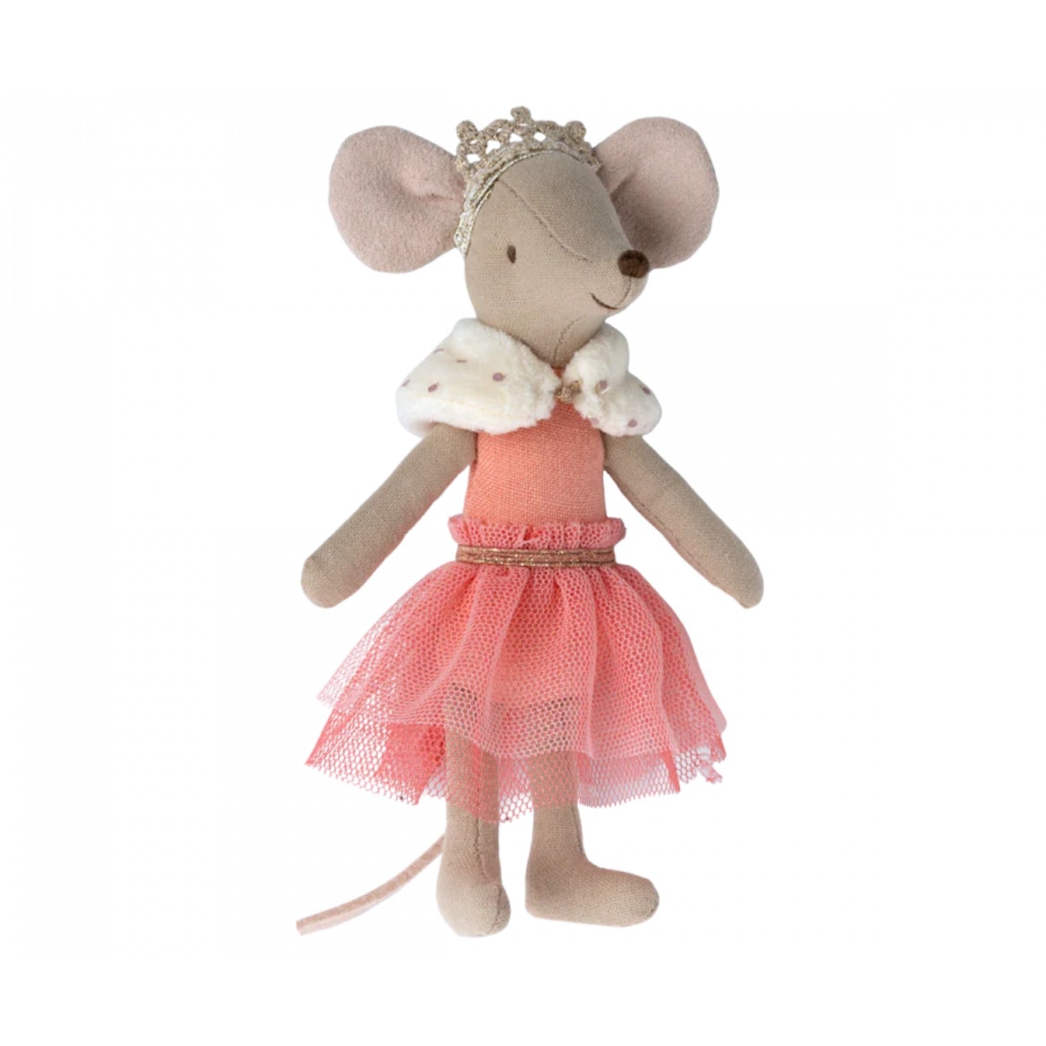 Stuffed mouse toy in a pink dress with a tiara on a white background