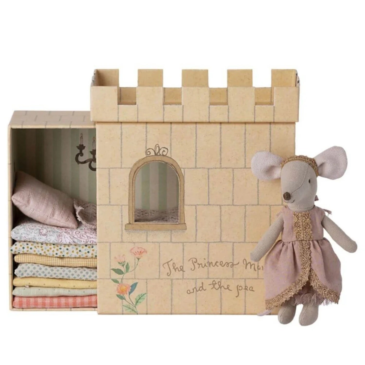 Toy castle with a plush mouse princess toy on a white background