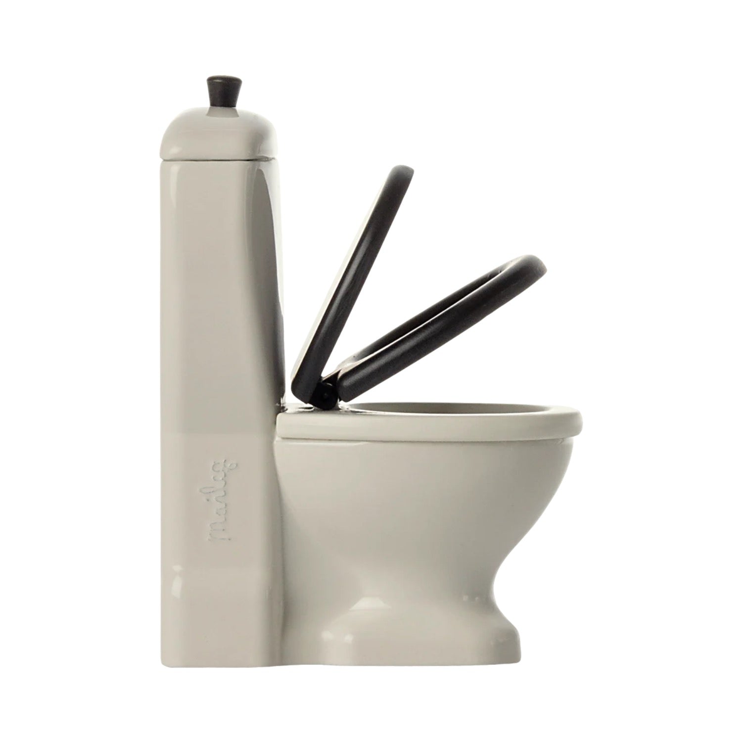White toilet with black seat on a white background