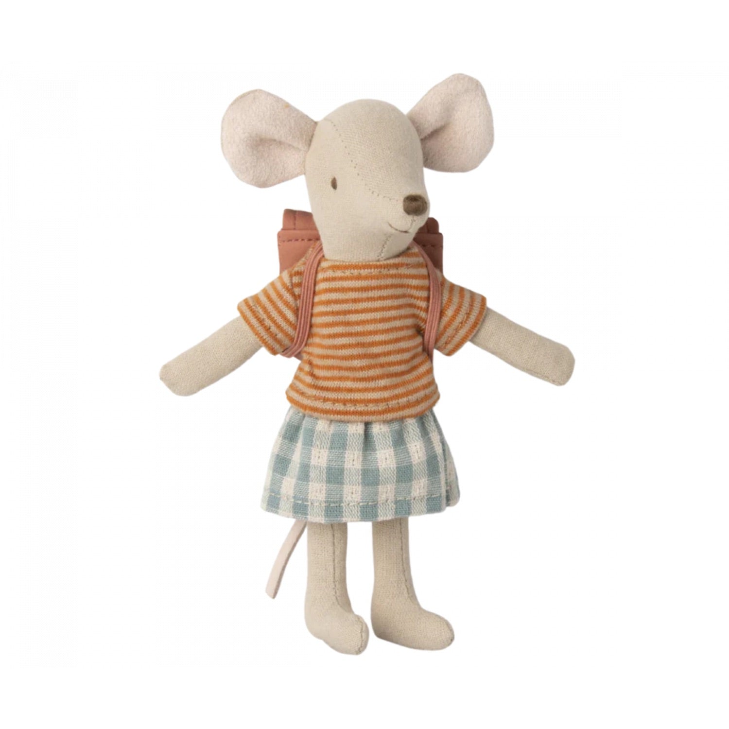 Stuffed mouse toy wearing a striped shirt and checkered skirt on a white background